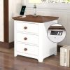 Wooden Nightstand with USB Charging Ports and Three Drawers,End Table for Bedroom,White+Walnut