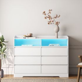 6 Drawer Dresser, White Dresser for Bedroom with LED Lights, Modern Dressers & Chests of Drawers with Sturdy Frame for Living Room, Entryway, Hallway