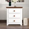 Wooden Nightstand with USB Charging Ports and Three Drawers,End Table for Bedroom,White+Walnut