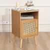 Nightstand with Natural Rattan Door Rattan Drawer;  Wooden Bedside Table End Table for Living Room and Bedroom