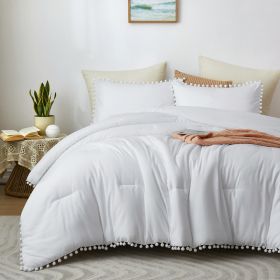 Boho Comforter Set, Boho Bedding set with Pom Poms Fringe Design, 1 Aesthetic Comforter and 2 Pillowshams (Color: White)