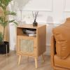 Nightstand with Natural Rattan Door Rattan Drawer;  Wooden Bedside Table End Table for Living Room and Bedroom